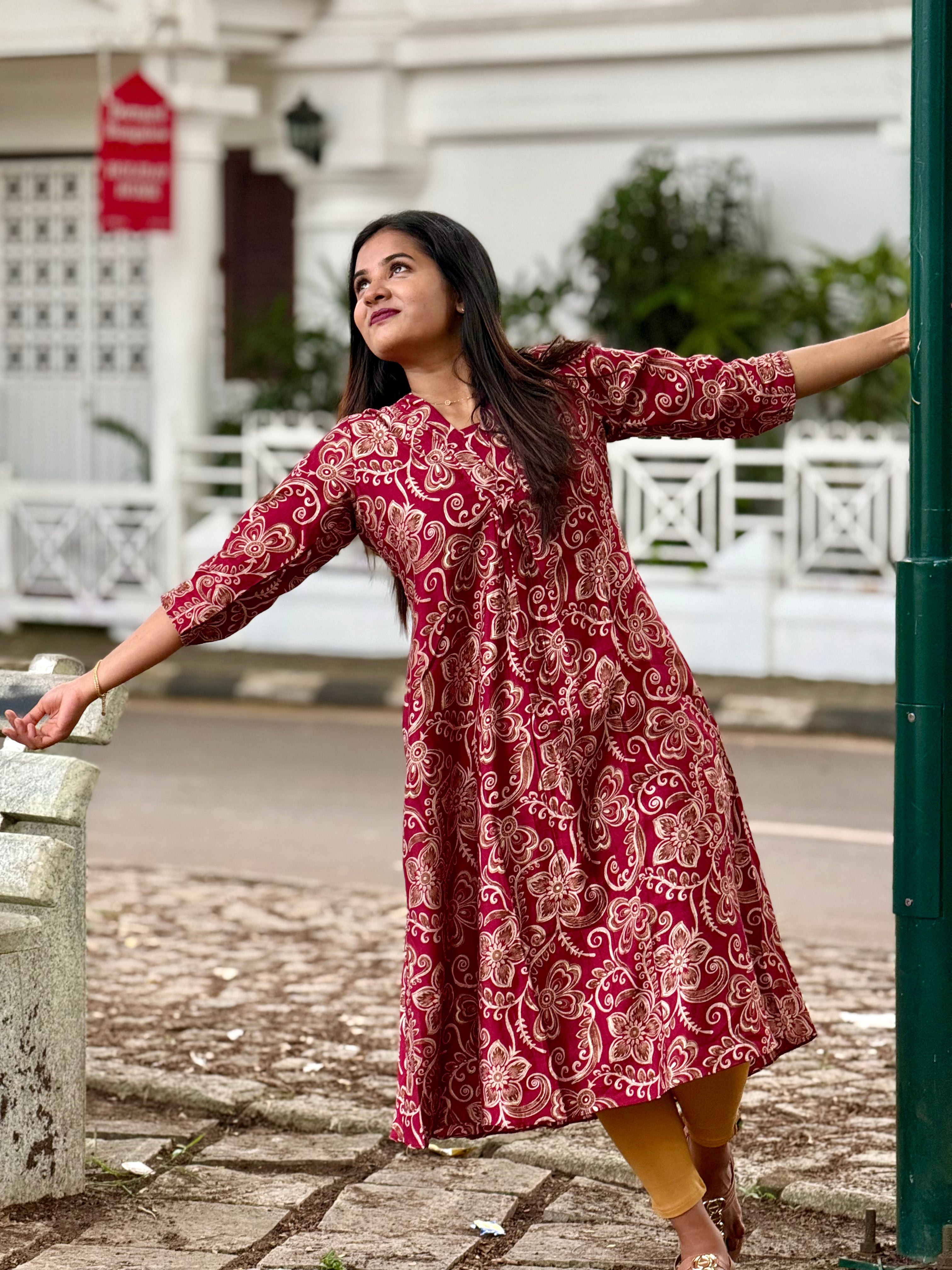 A-line kurti in rich maroon rayon fabric - KLA 9056