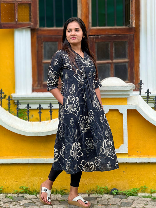 Black Kantha cotton A-line kurti - KLA 8934