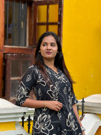 Black Kantha cotton A-line kurti - KLA 8934