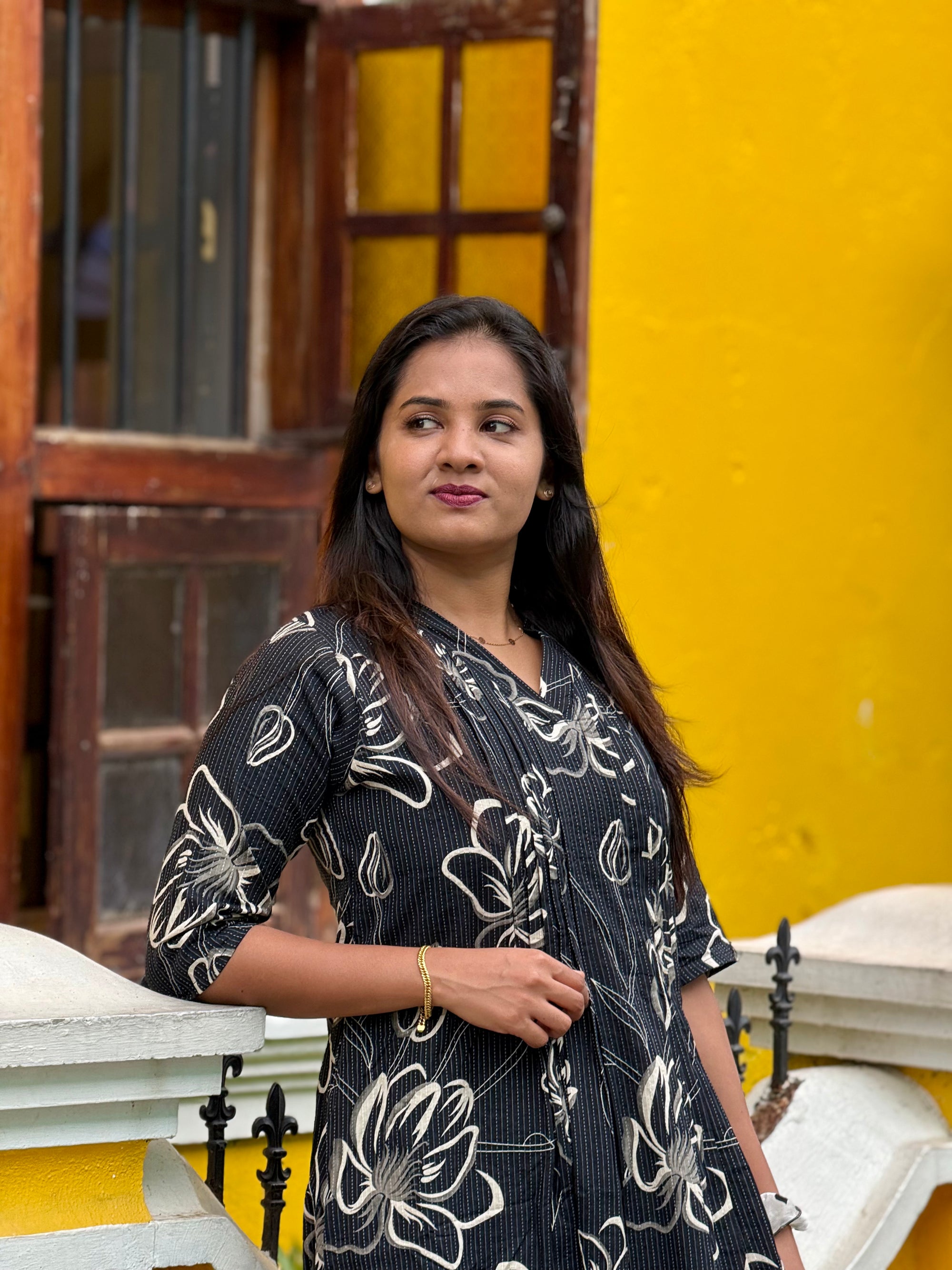 Black Kantha cotton A-line kurti - KLA 8934