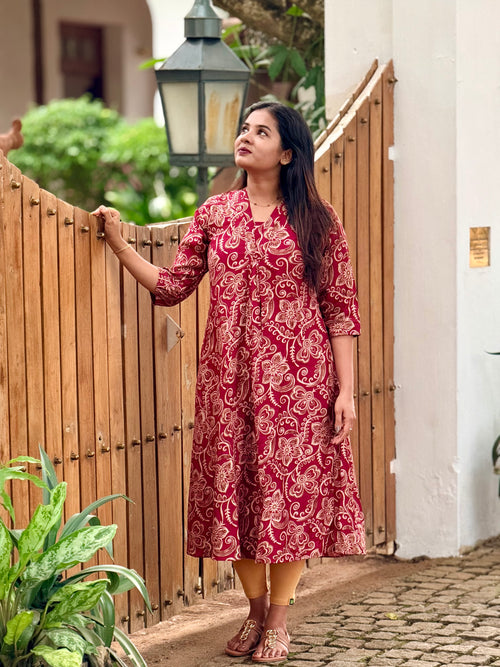A-line kurti in rich maroon rayon fabric - KLA 9056