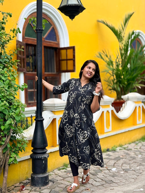 Black Kantha cotton A-line kurti - KLA 8934