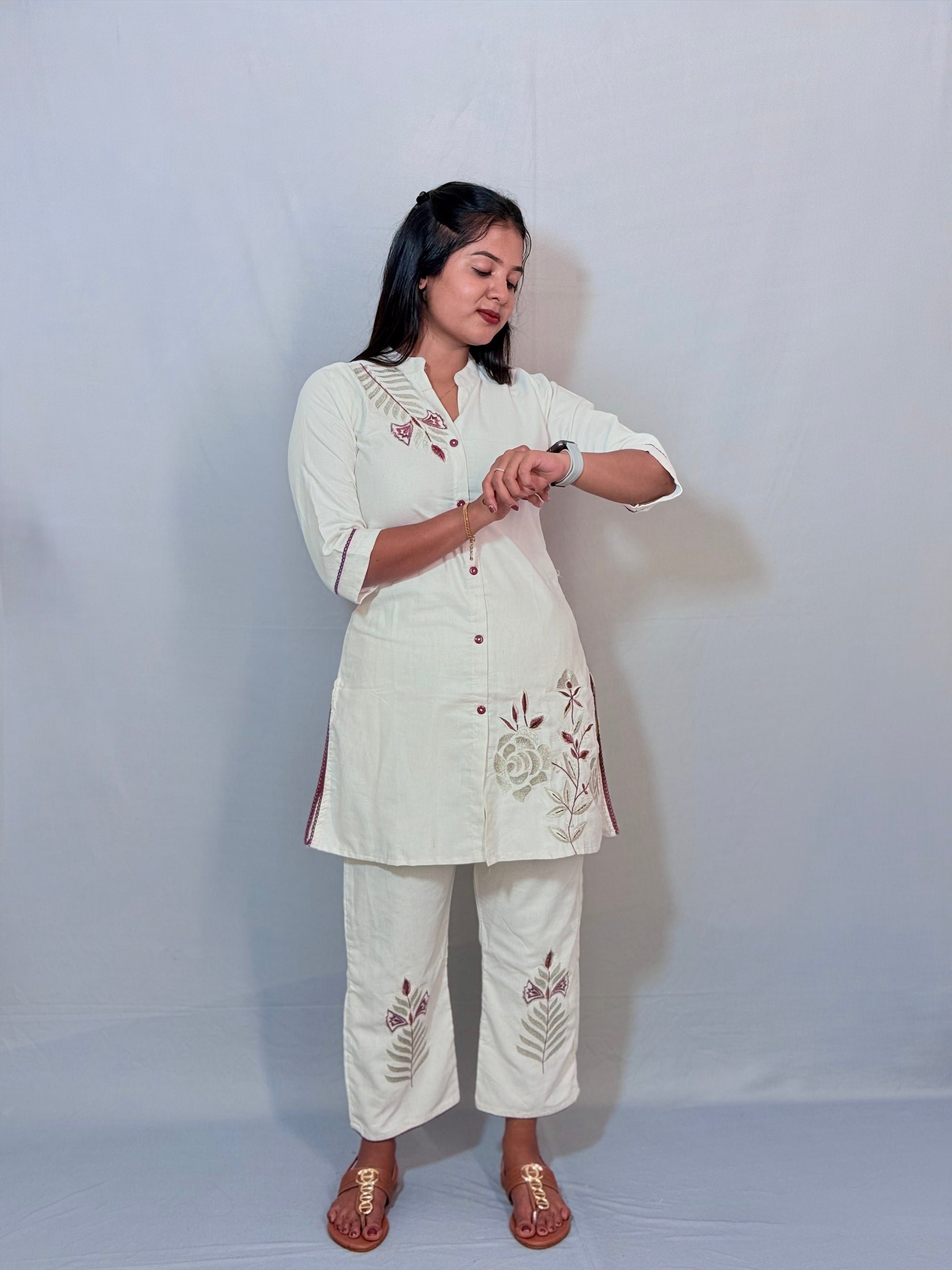 White cord set with thread work - KLA695