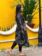 Black Kantha cotton A-line kurti - KLA 8934