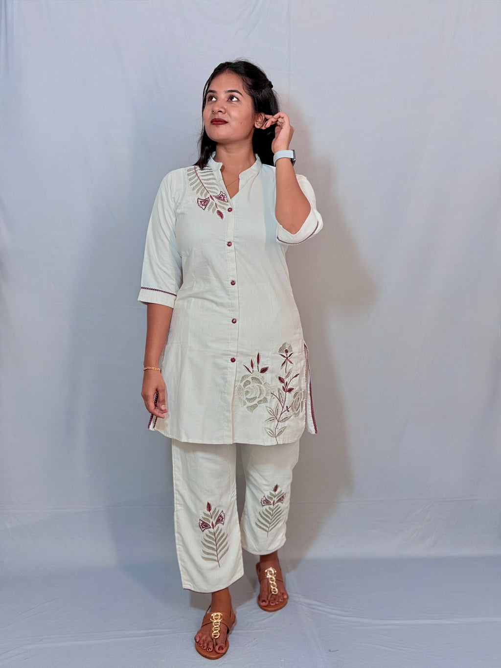 White cord set with thread work - KLA695