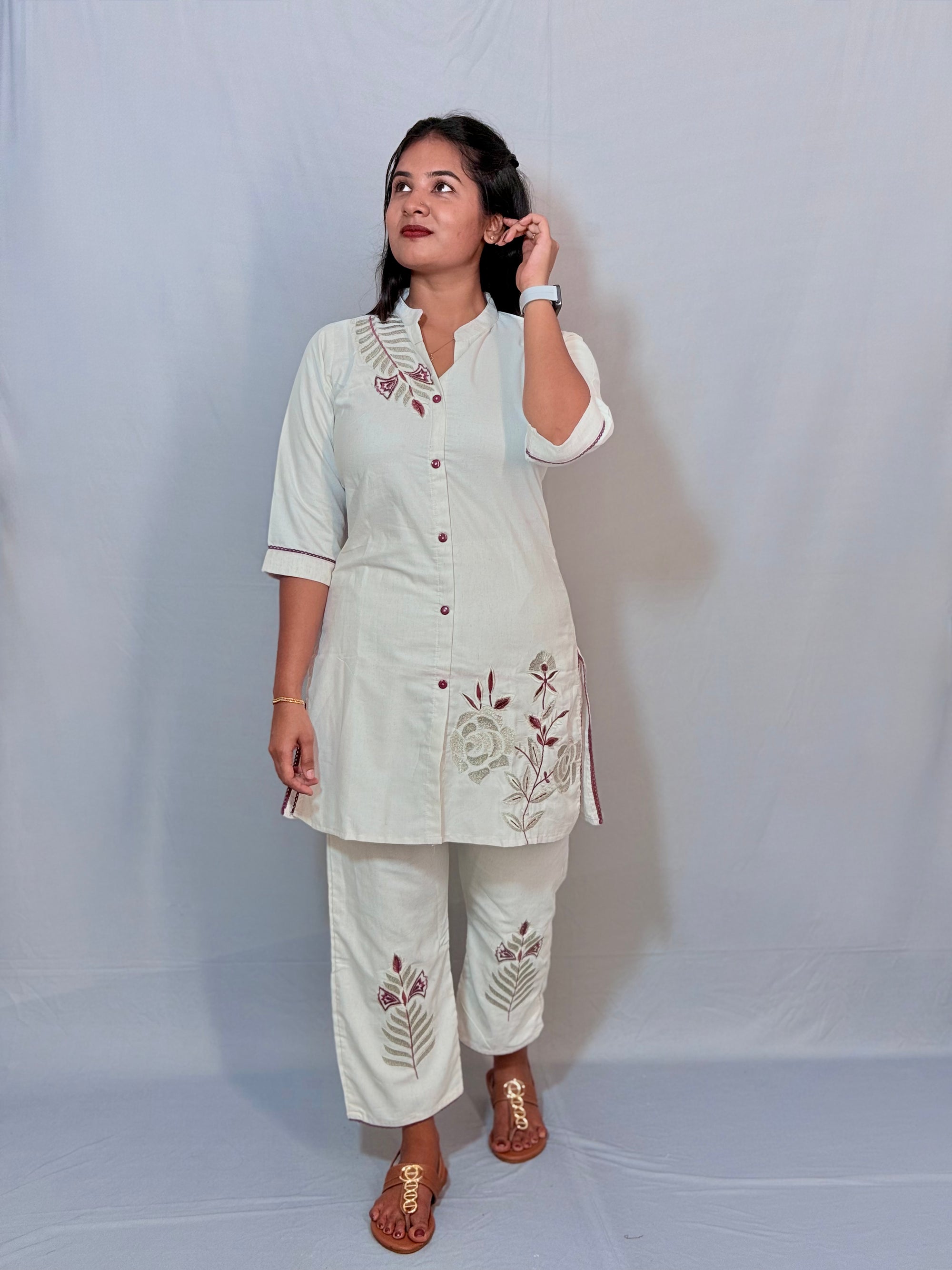 White cord set with thread work - KLA695