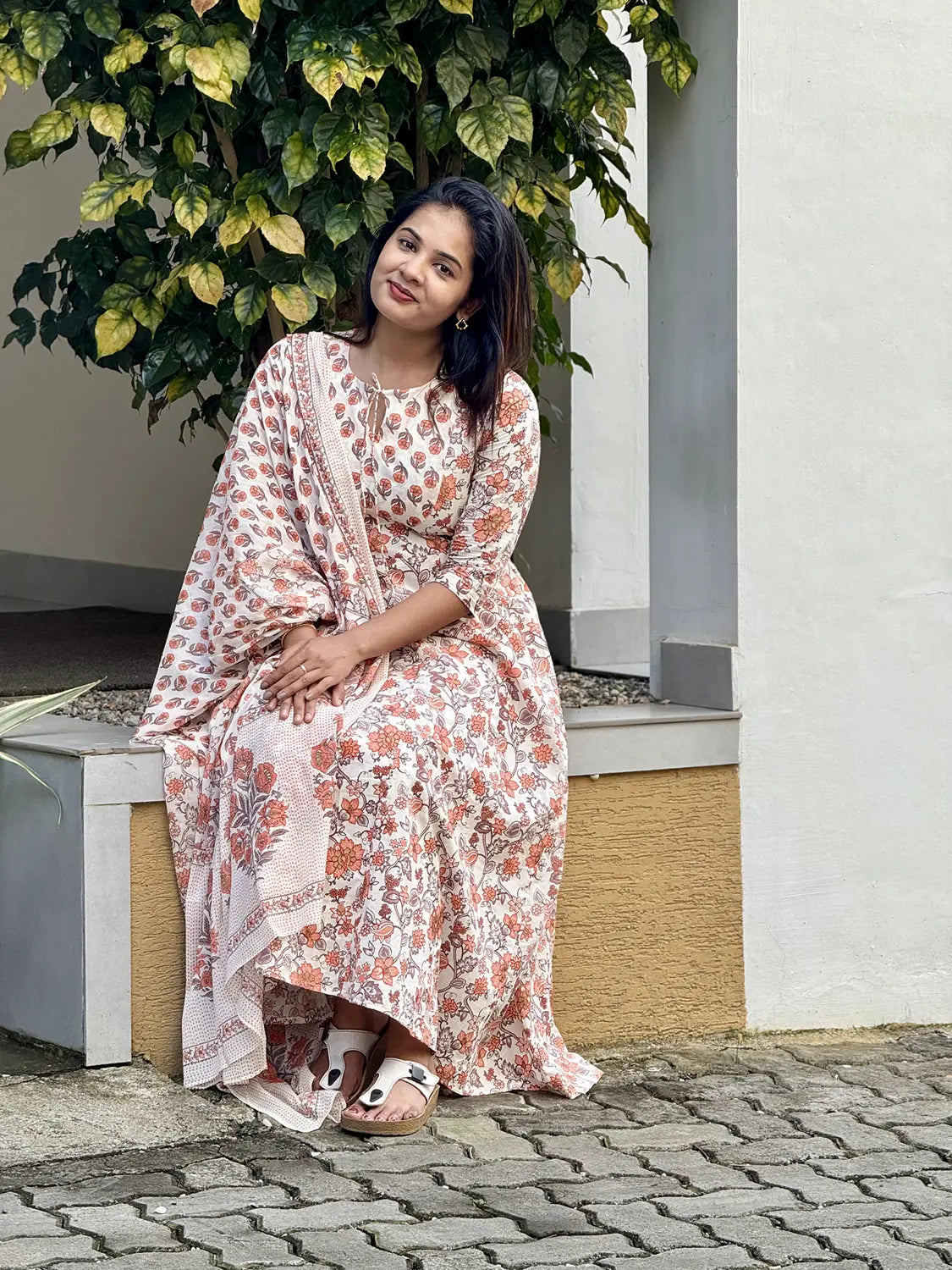 Off White Printed Flare Kurti - K3233