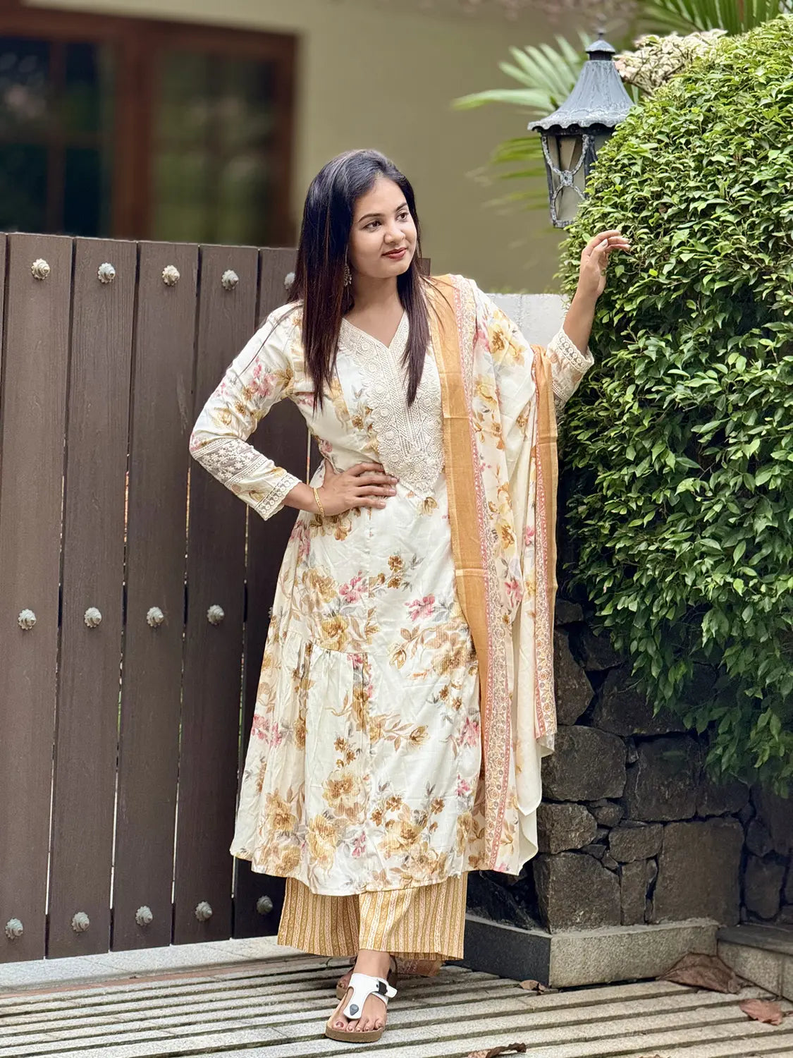 Off White Yellow Mix Pure Cotton Flare Kurti - K3236
