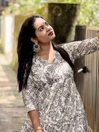 White & Grey Cotton Flare Kurti - K3235