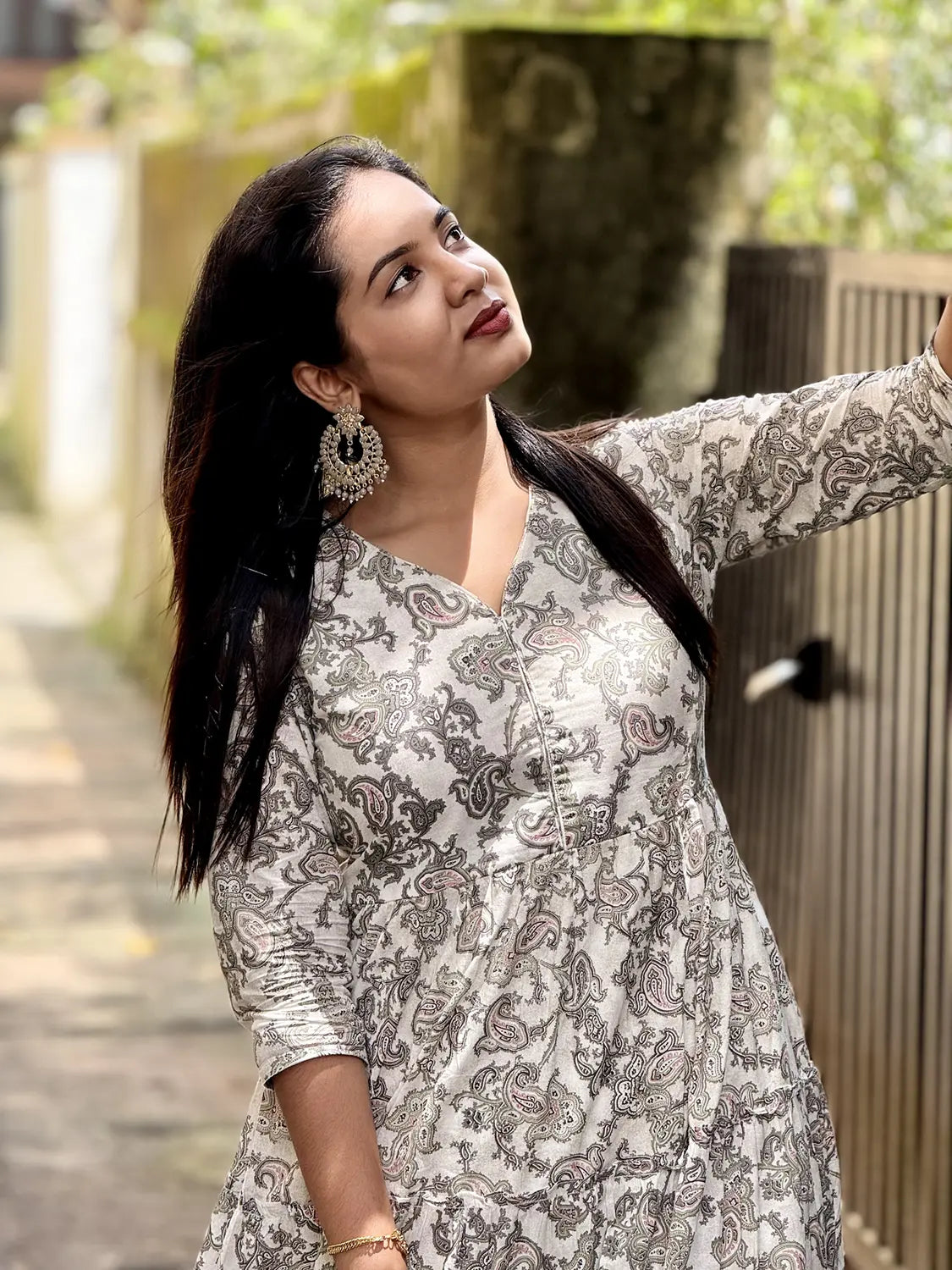 White & Grey Cotton Flare Kurti - K3235