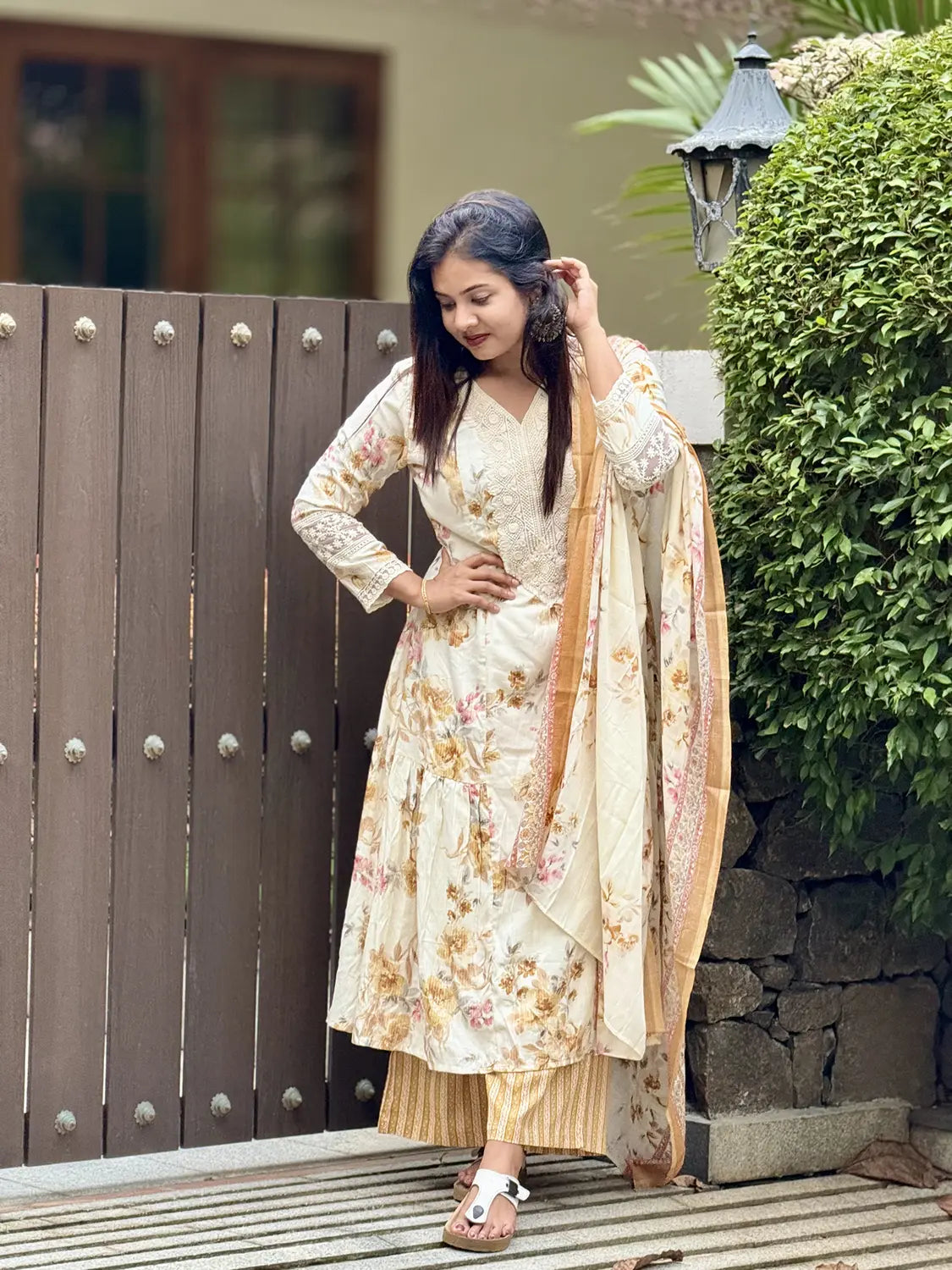 Off White Yellow Mix Pure Cotton Flare Kurti - K3236
