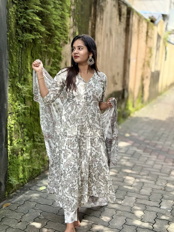 White & Grey Cotton Flare Kurti - K3235