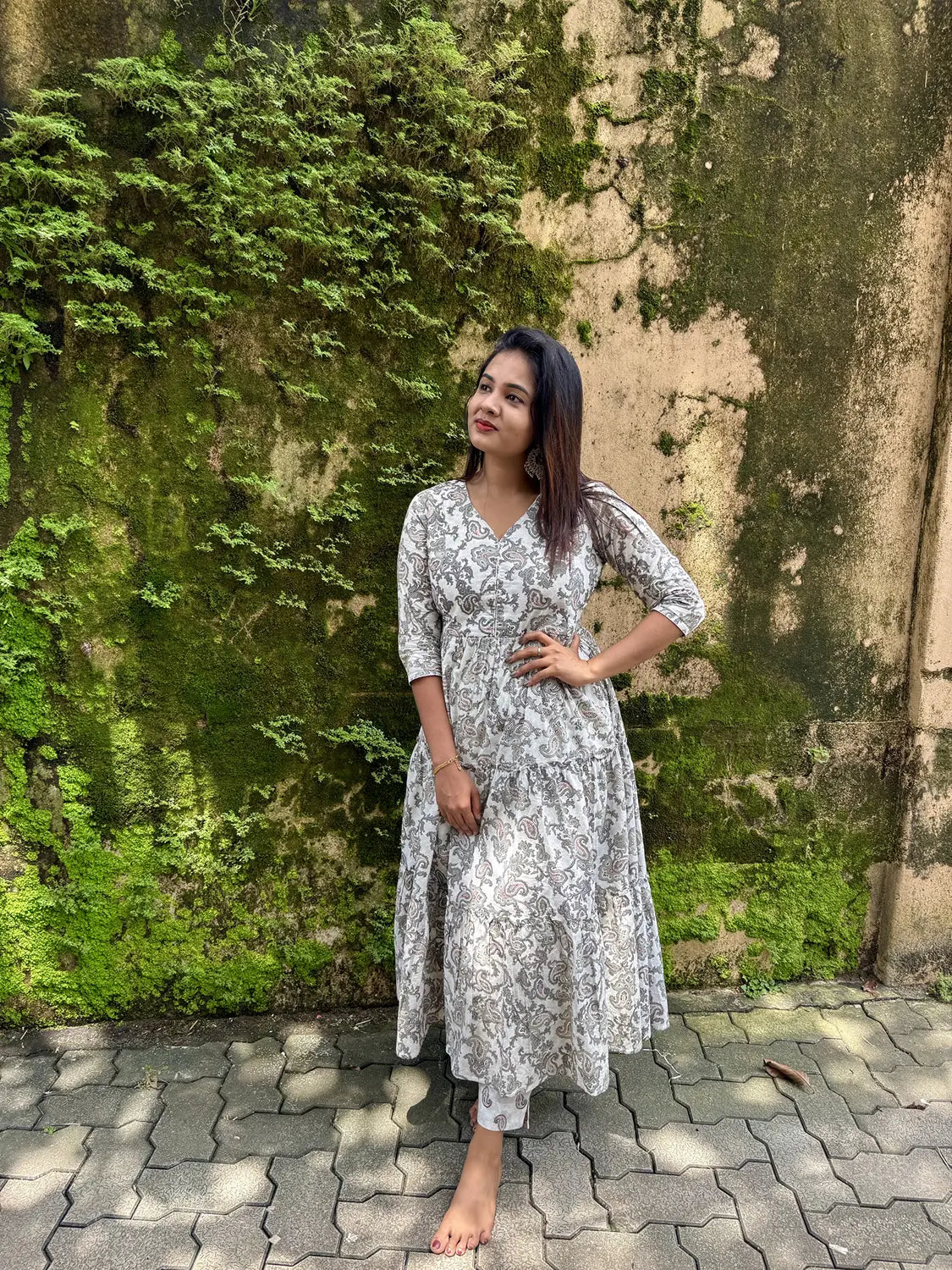 White & Grey Cotton Flare Kurti - K3235