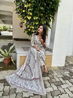 White & Grey Cotton Flare Kurti - K3235