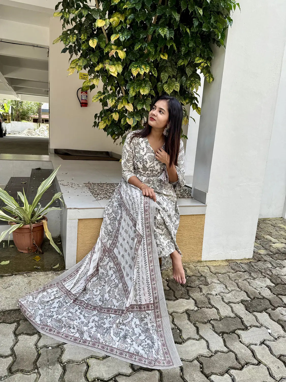 White & Grey Cotton Flare Kurti - K3235