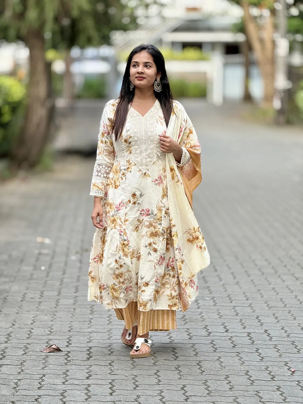 Off White Yellow Mix Pure Cotton Flare Kurti - K3236