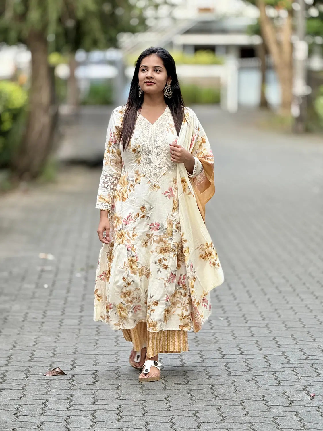 Off White Yellow Mix Pure Cotton Flare Kurti - K3236