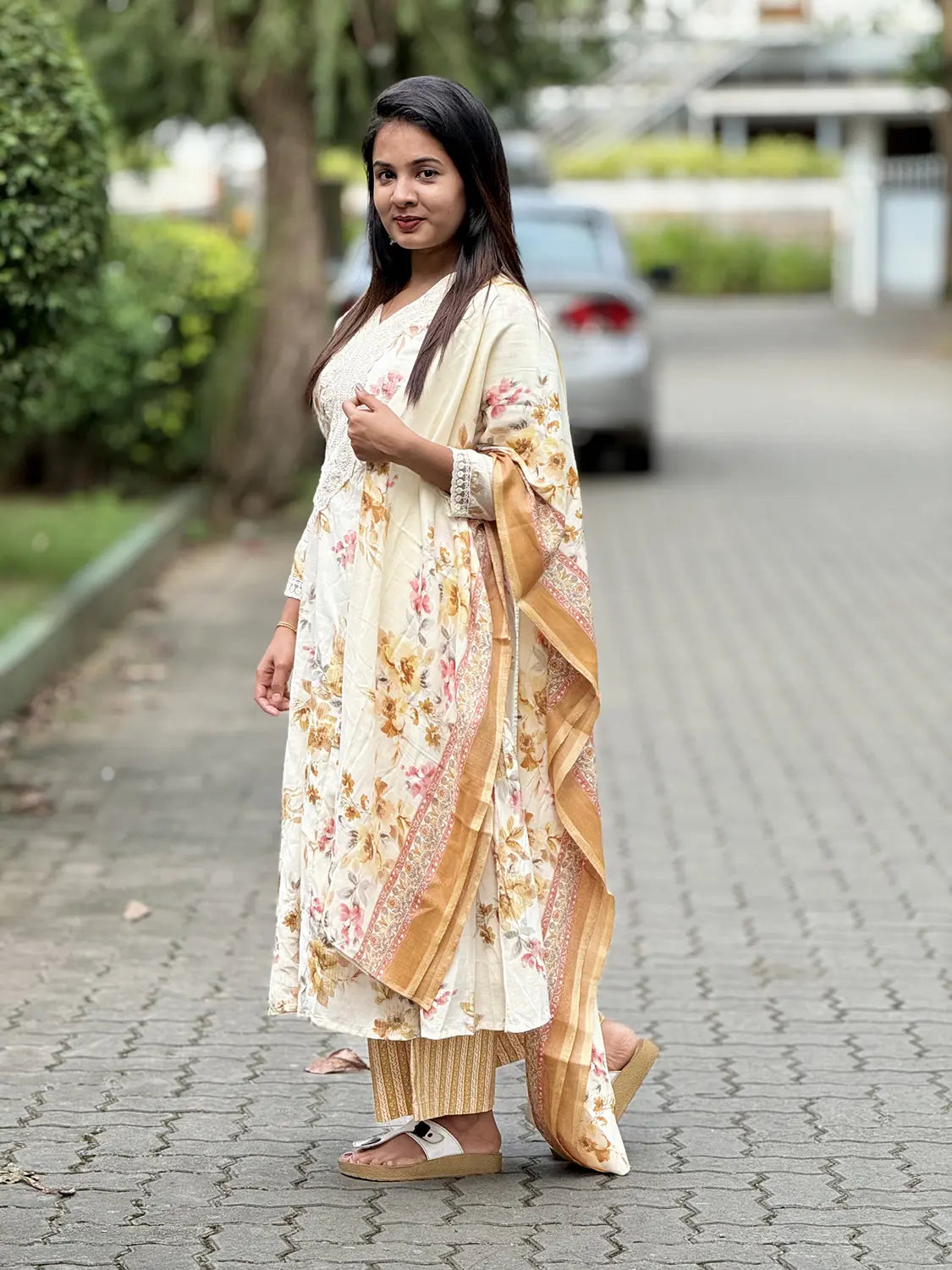 Off White Yellow Mix Pure Cotton Flare Kurti - K3236